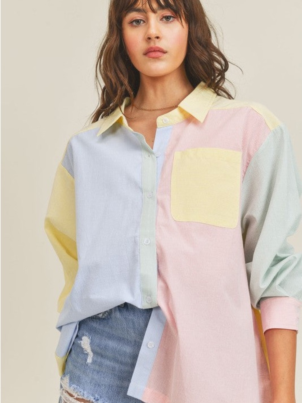 Mable Yellow Blue Pink Green Colorblock Stripe Button Shirt Size S/M